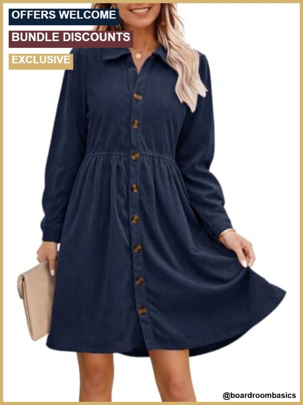 Women's Corduroy Button Down Shirt Dress Tiered Back Long Sleeve Above Knee